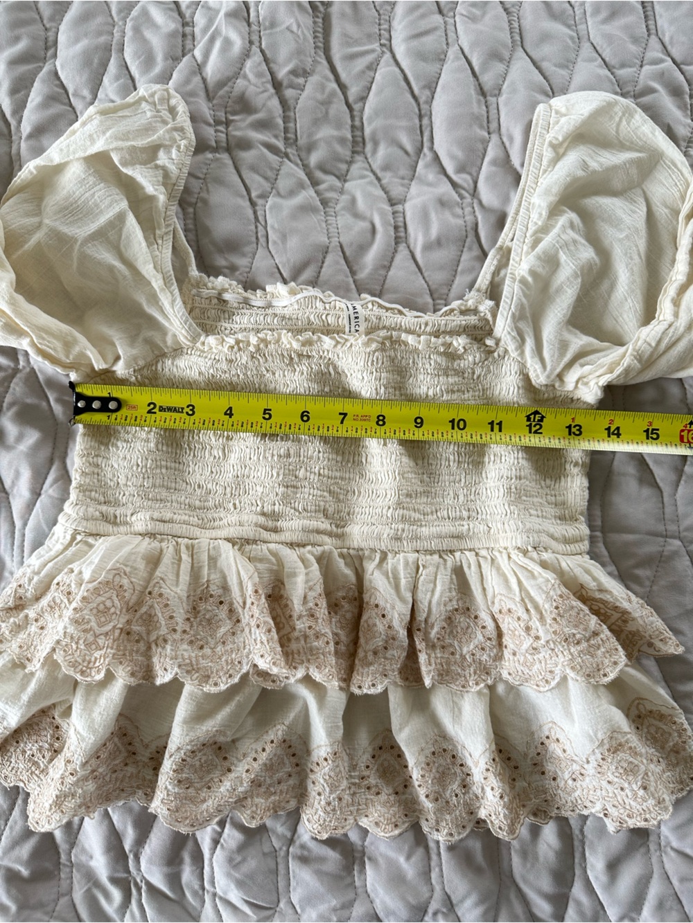 Cream Smocked Square-Neck Lace Peplum Peasant Top Puff Sleeve Boho Cottagecore - Picture 8 of 9